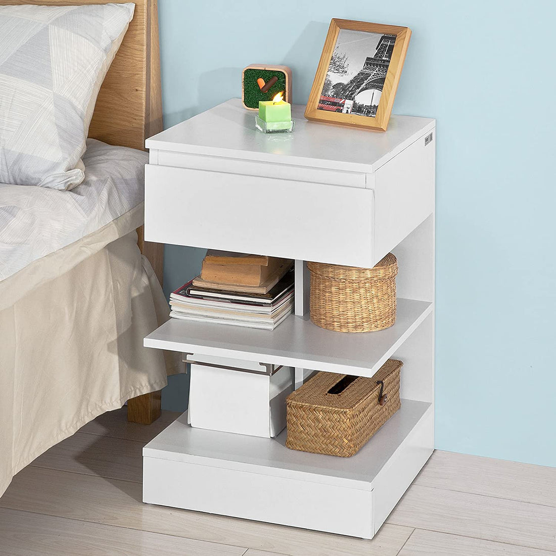 White Bedside Table with 1 Drawer and 3 Shelves