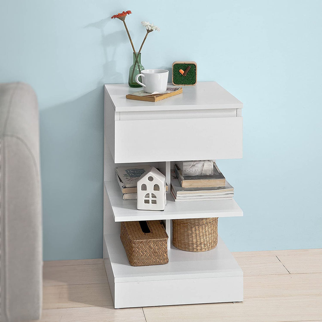 White Bedside Table with 1 Drawer and 3 Shelves