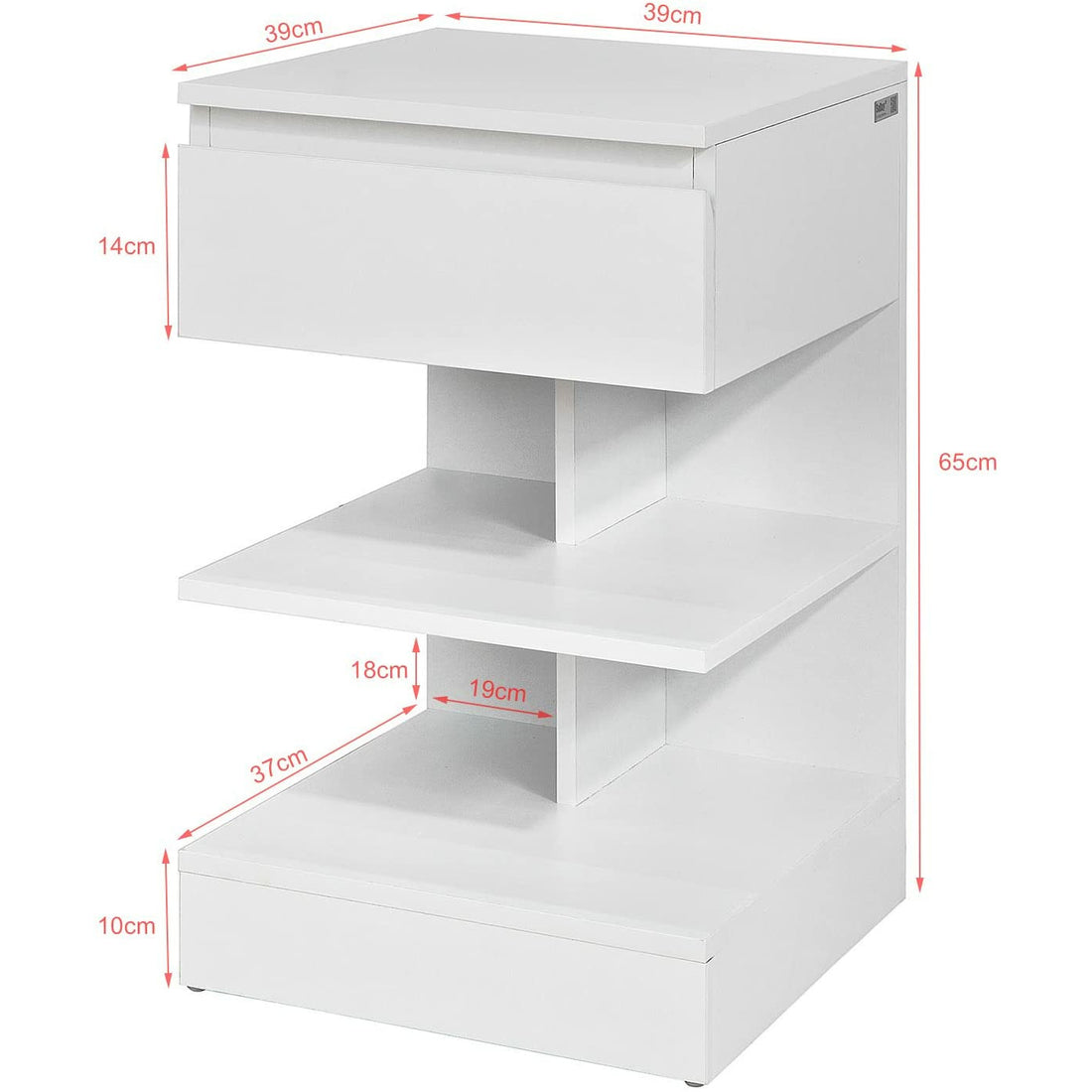 White Bedside Table with 1 Drawer and 3 Shelves