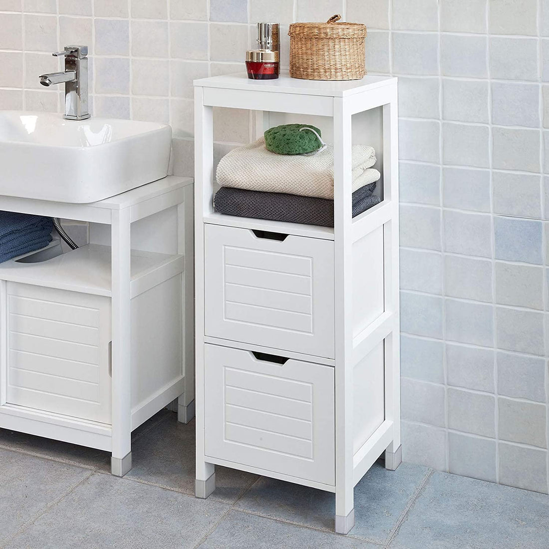 White Freestanding Cabinet with 2 Drawers and Shelf for Bathroom