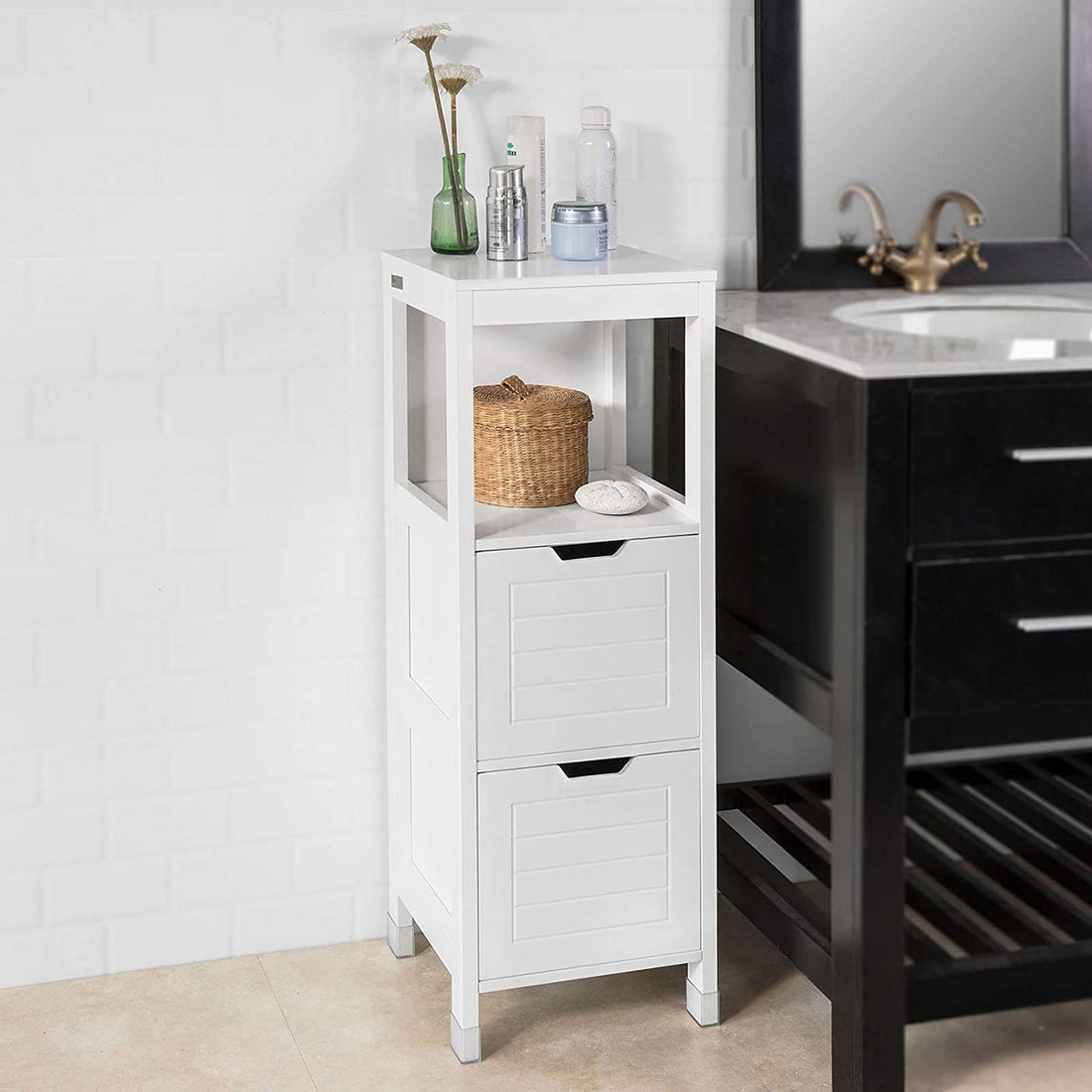 White Freestanding Cabinet with 2 Drawers and Shelf for Bathroom