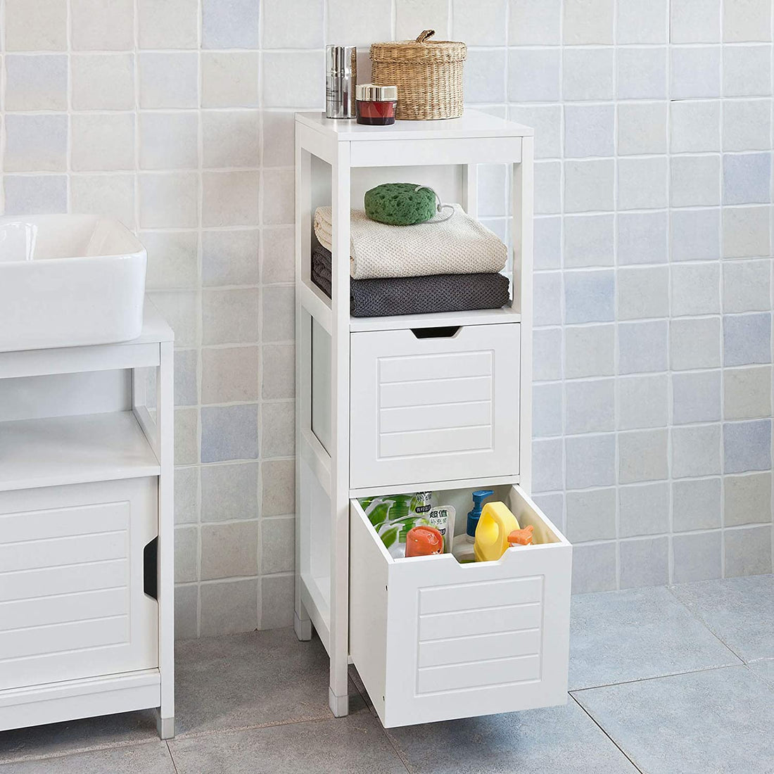 White Freestanding Cabinet with 2 Drawers and Shelf for Bathroom
