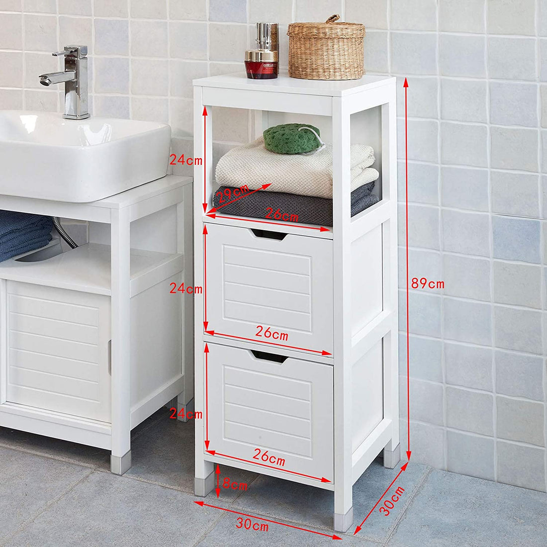 White Freestanding Cabinet with 2 Drawers and Shelf for Bathroom