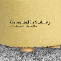 2 Set Mustard Yellow Fabric Ottoman Round Wooden Leg Foot Stool