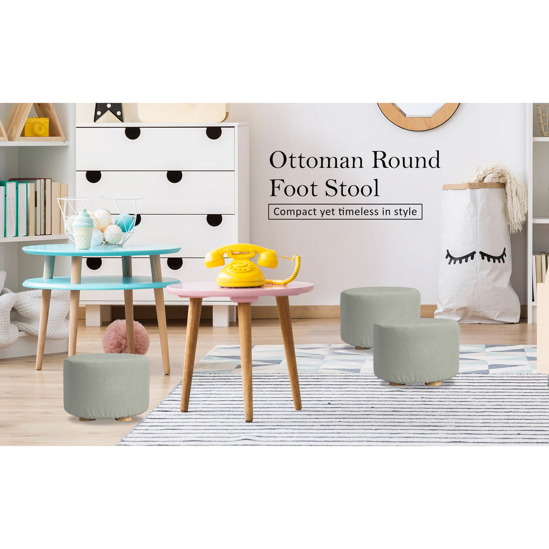 2 Set Grey Fabric Ottoman Round Wooden Leg Foot Stool