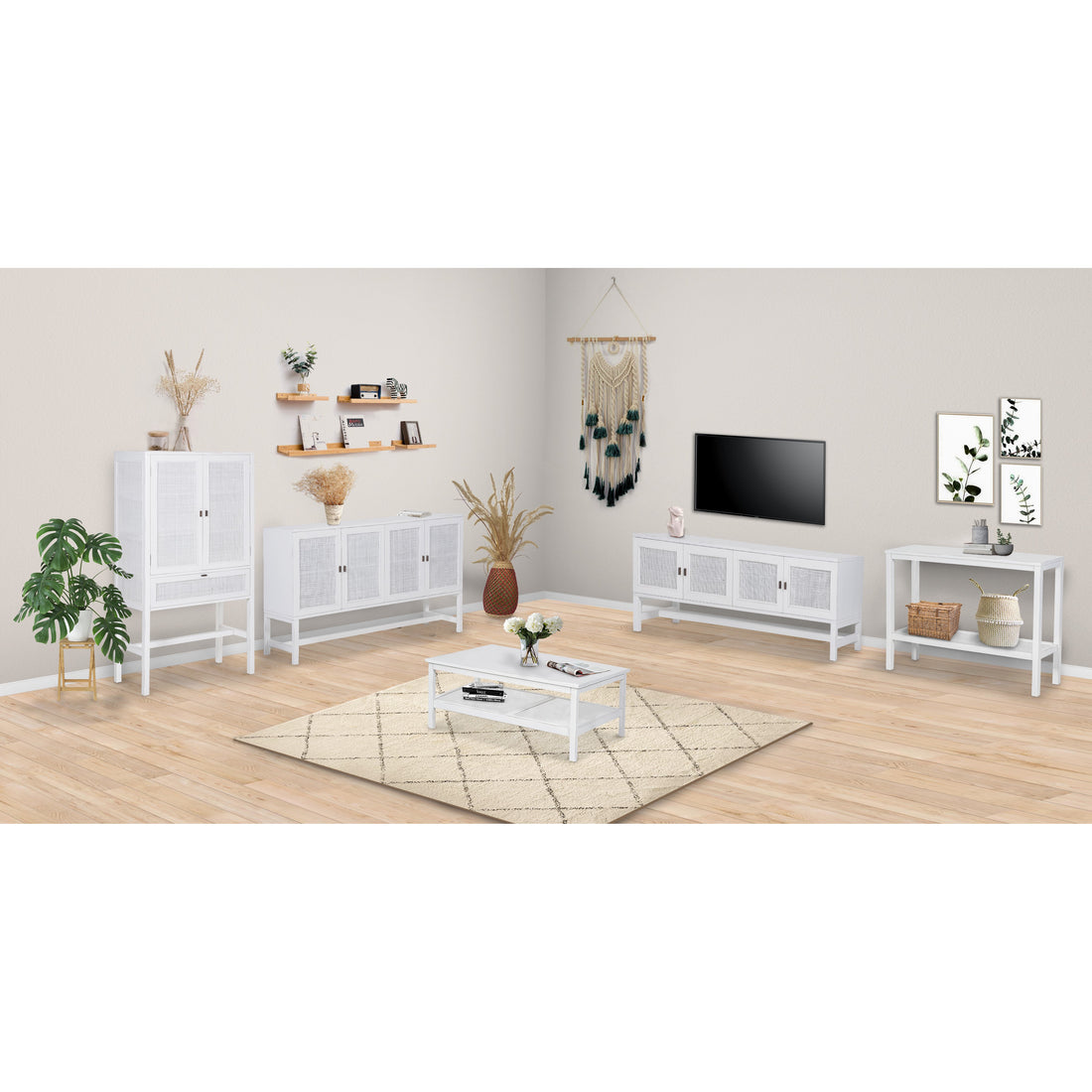 Sideboard Buffet Table 160cm 4 Door Mindi Wood Rattan - White