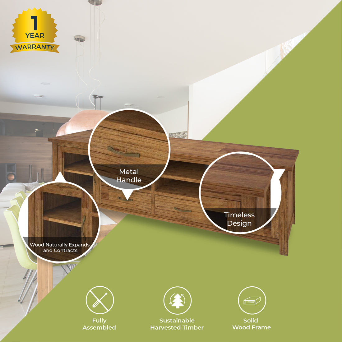 Birdsville Entertainment TV Unit 223cm 2 Door 2 Drawer Mt Ash Wood - Brown