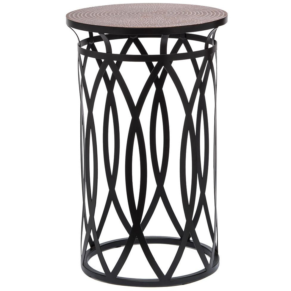 Black Round Iron Side Table with Cross Legs and Copper Finish Top