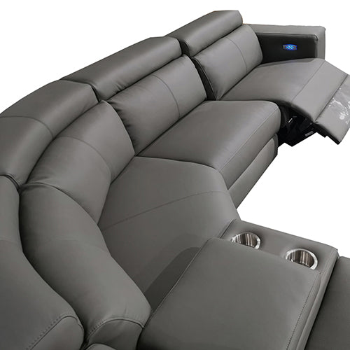6 Seater Genuine Leather Lounge Set with Adjustable Headrest - Grey