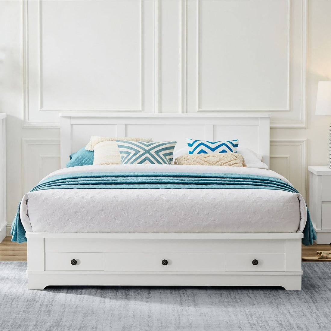 White Coastal Lifestyle Bedframe with Storage Drawers - Double