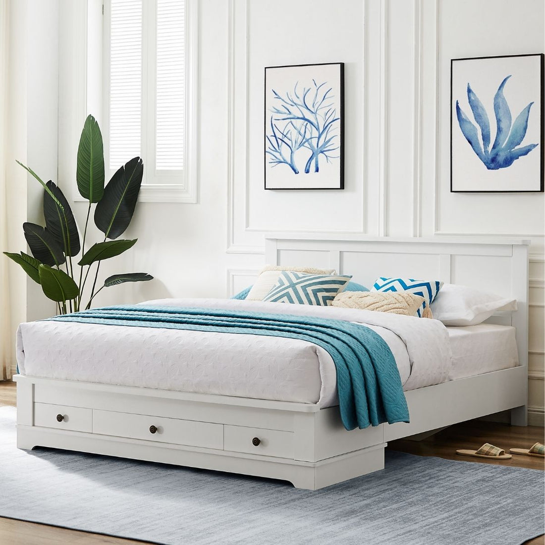White Coastal Lifestyle Bedframe with Storage Drawers - Double
