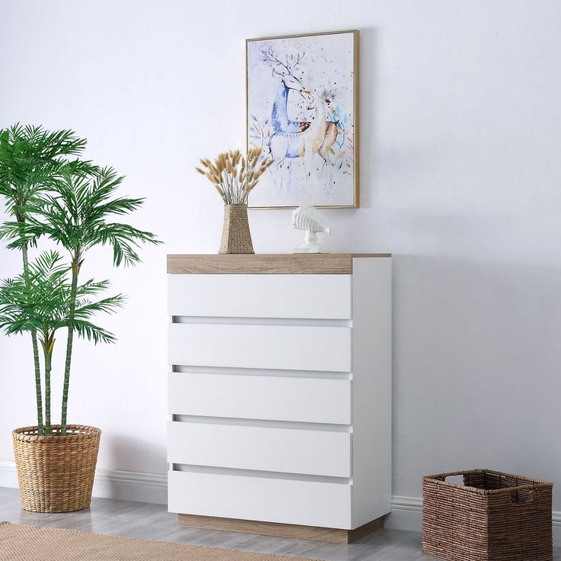 Coastal White Wooden Chest of 5 Drawers Tallboy