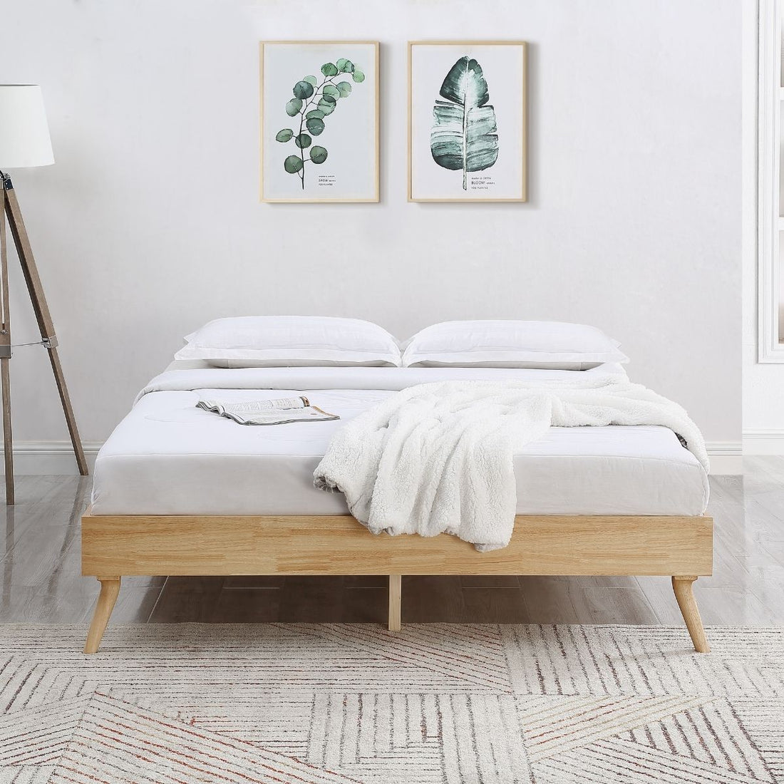Natural Oak Ensemble Bed Frame Wooden Slat - Double