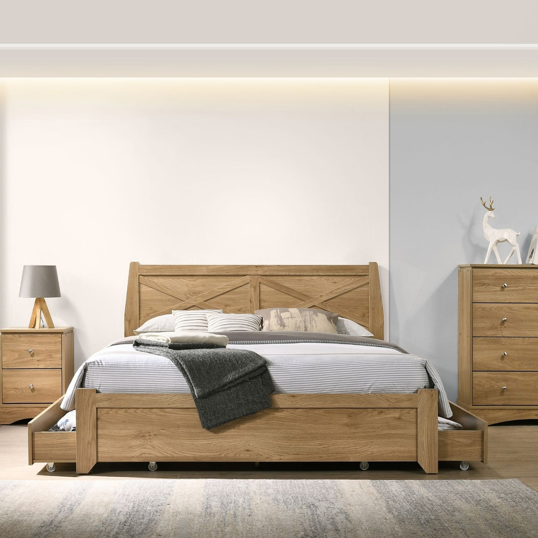 Natural Wooden Bed Frame with Storage Drawers - Double