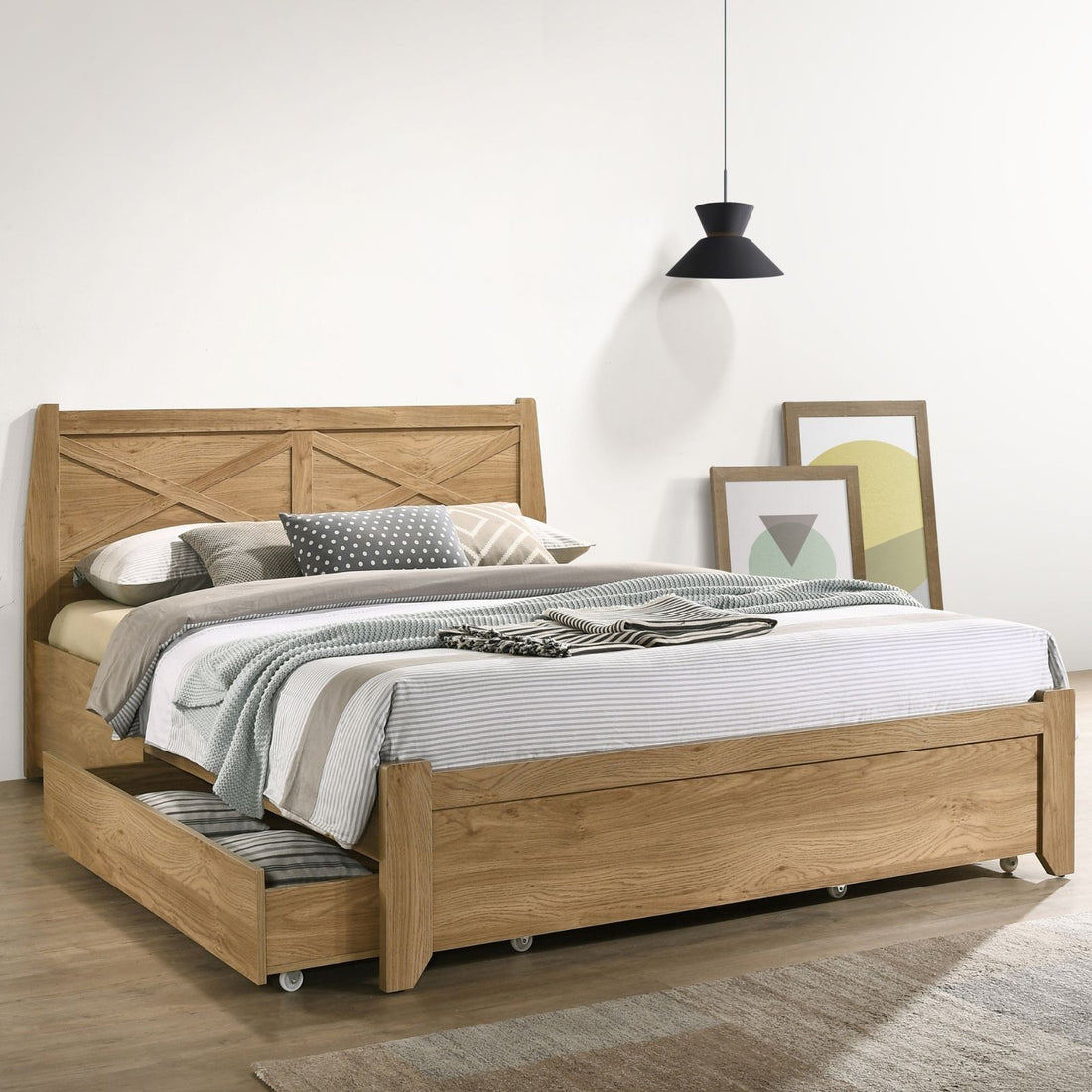 Natural Wooden Bed Frame with Storage Drawers - Double