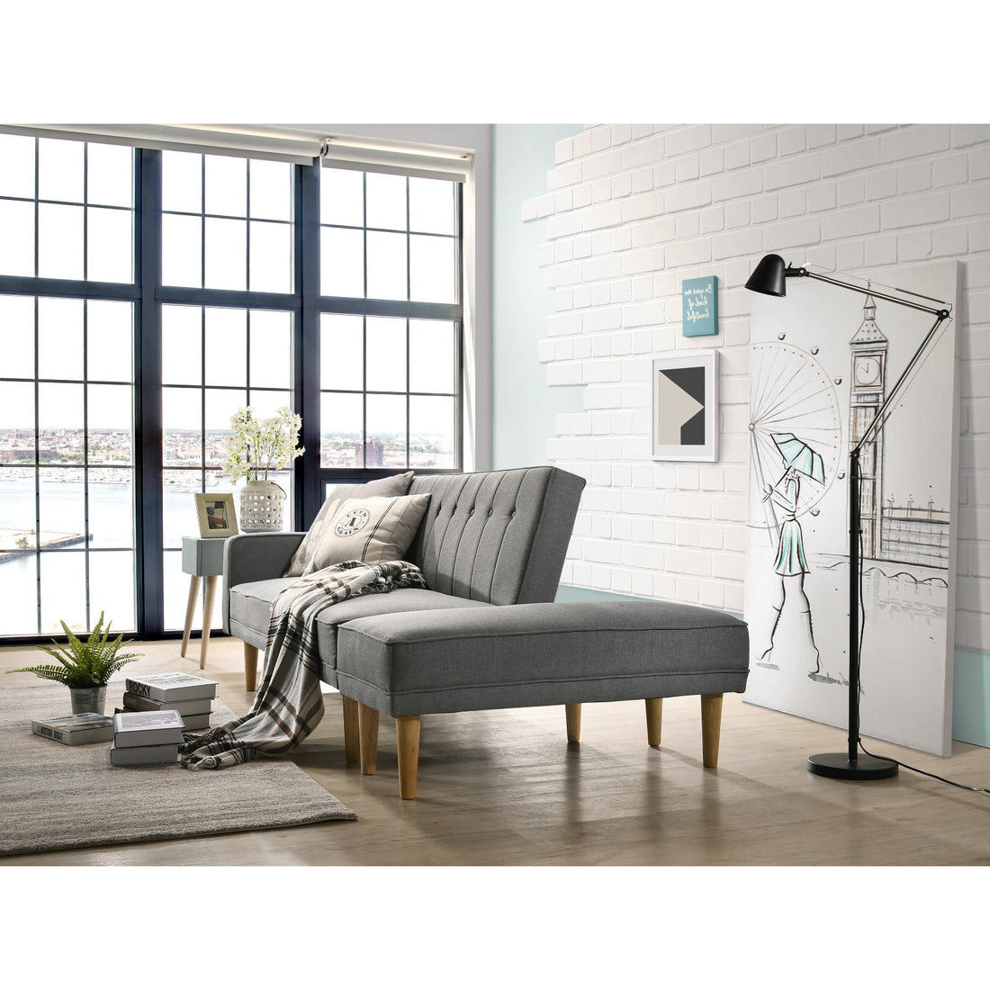 3 Seater Fabric Sofa Bed with Ottoman - Light Grey