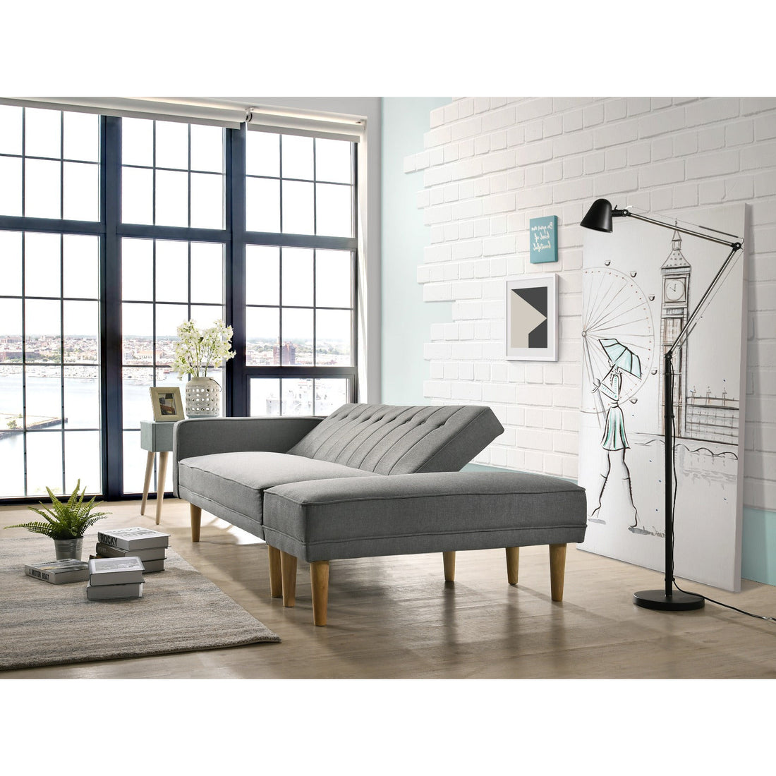3 Seater Fabric Sofa Bed with Ottoman - Light Grey