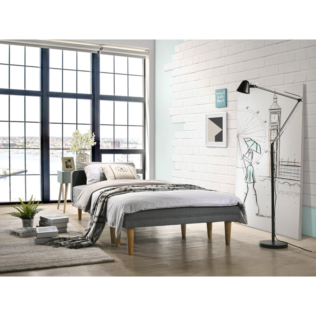 3 Seater Fabric Sofa Bed with Ottoman - Light Grey