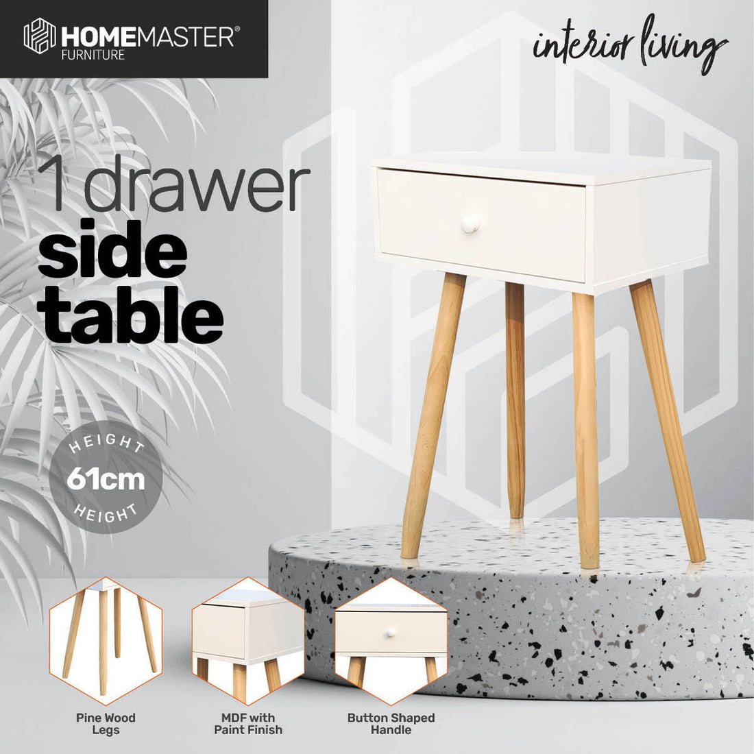 1 Drawer Side Table Sleek Modern & Stylish Neutral Design 61cm