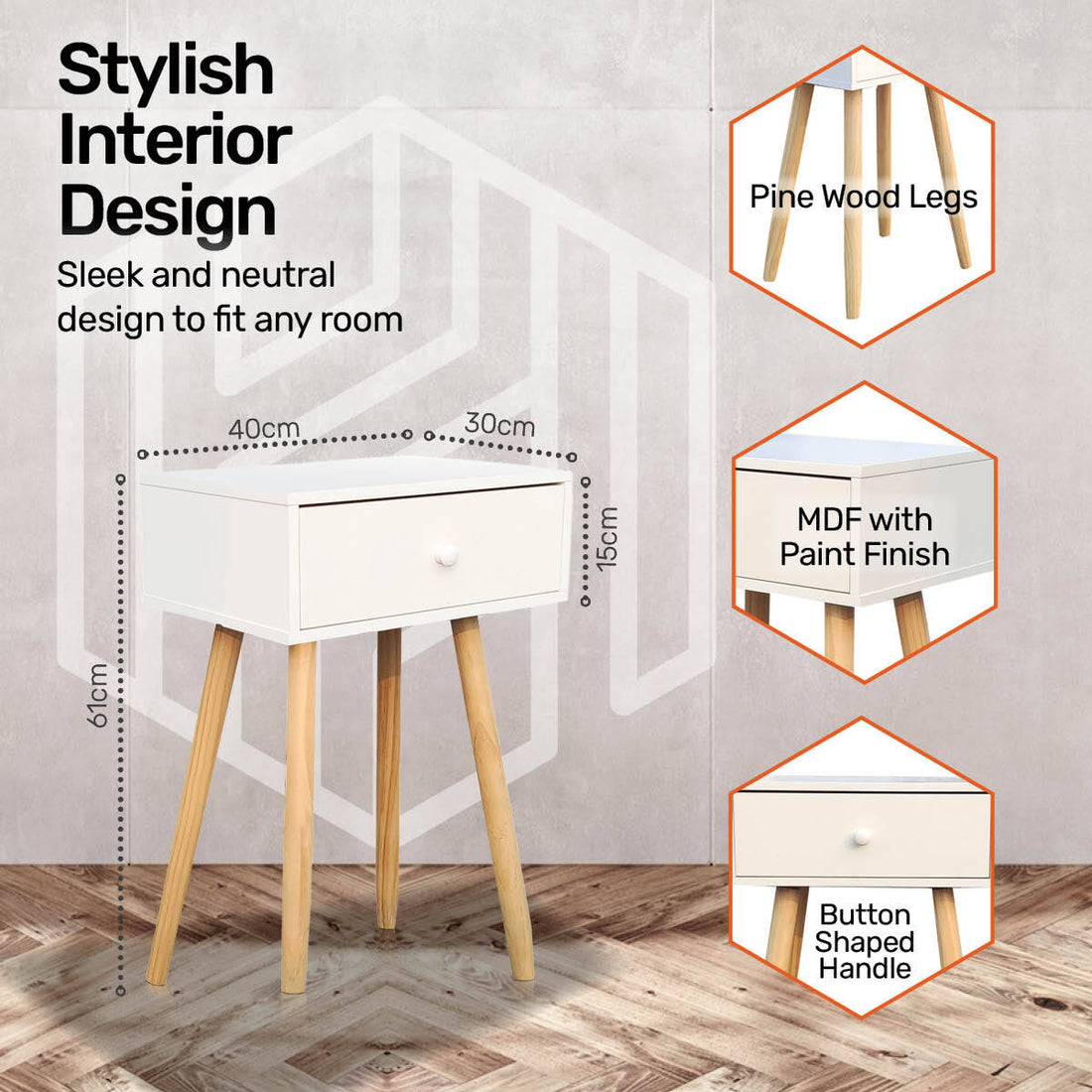 1 Drawer Side Table Sleek Modern & Stylish Neutral Design 61cm