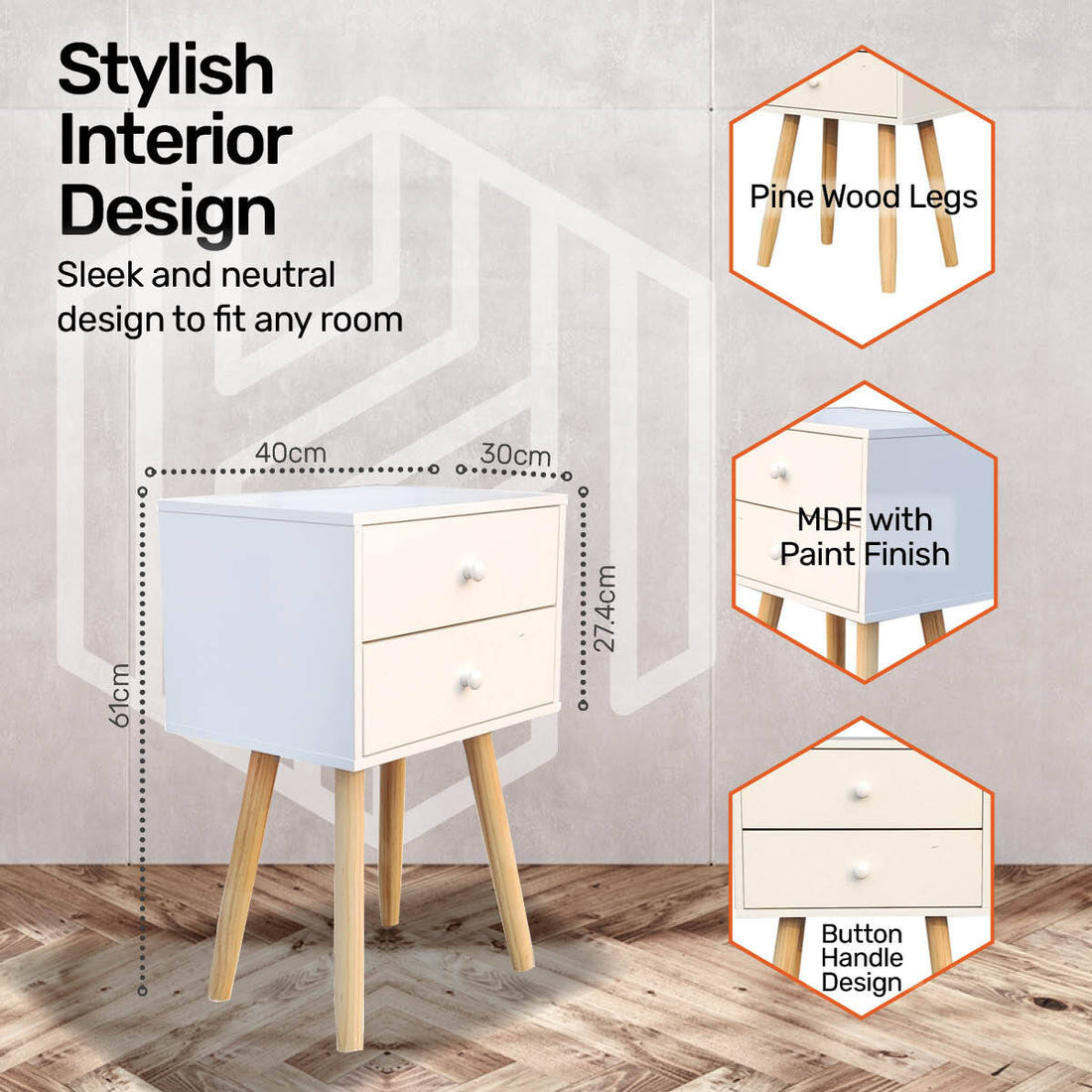 2 Drawer Side Table Sleek Modern & Stylish Neutral Design 61cm