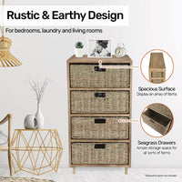 4 Drawer Natural Seagrass Wooden Storage Chest Stylish 85cm
