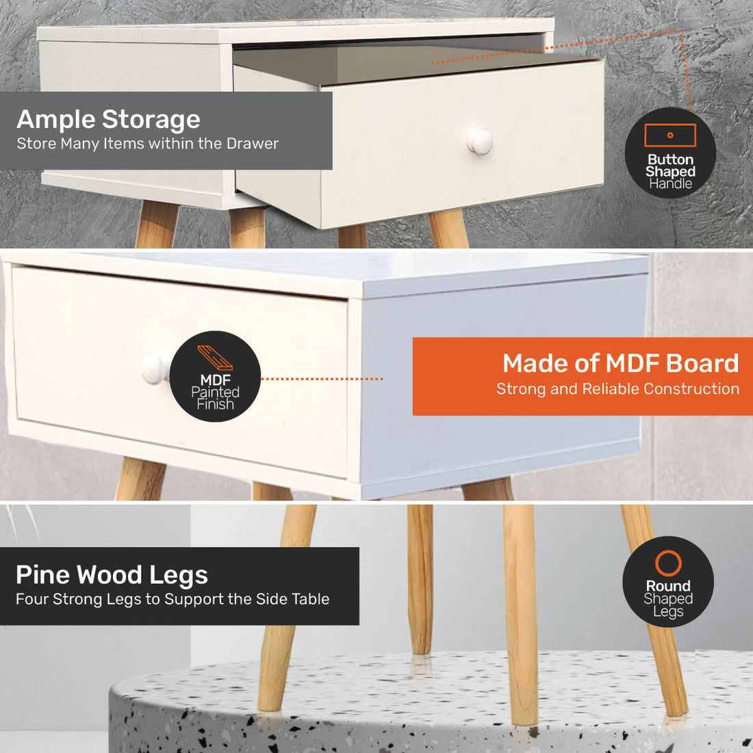 1 Drawer Side Table Sleek Modern & Stylish Neutral Design 61cm