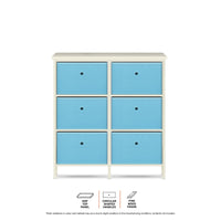 6 Drawer Pine Wood Storage Chest Sky Blue Fabric Baskets 70 x 80cm