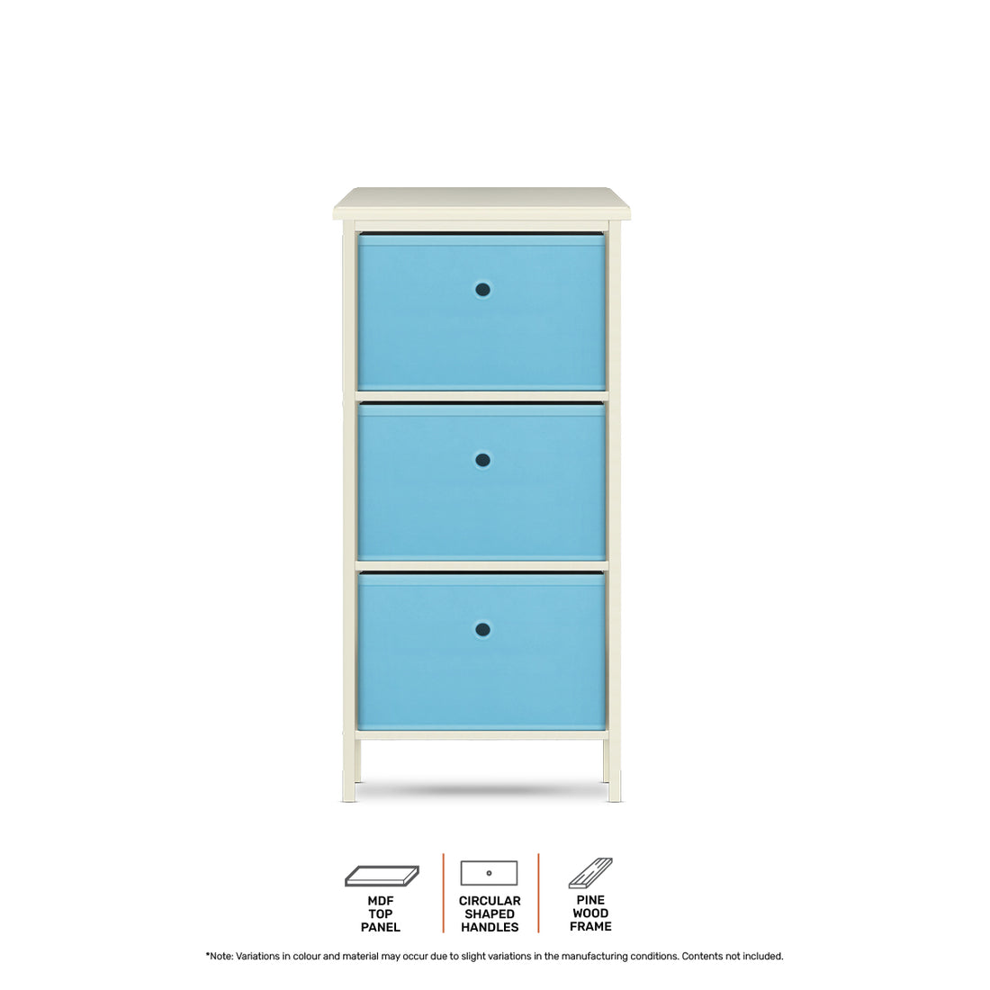 3 Drawer Pine Wood Storage Chest Sky Blue Fabric Baskets 37 x 80cm