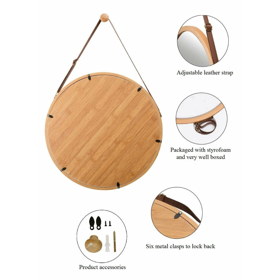 Hanging Round Wall Mirror - Solid Bamboo Frame