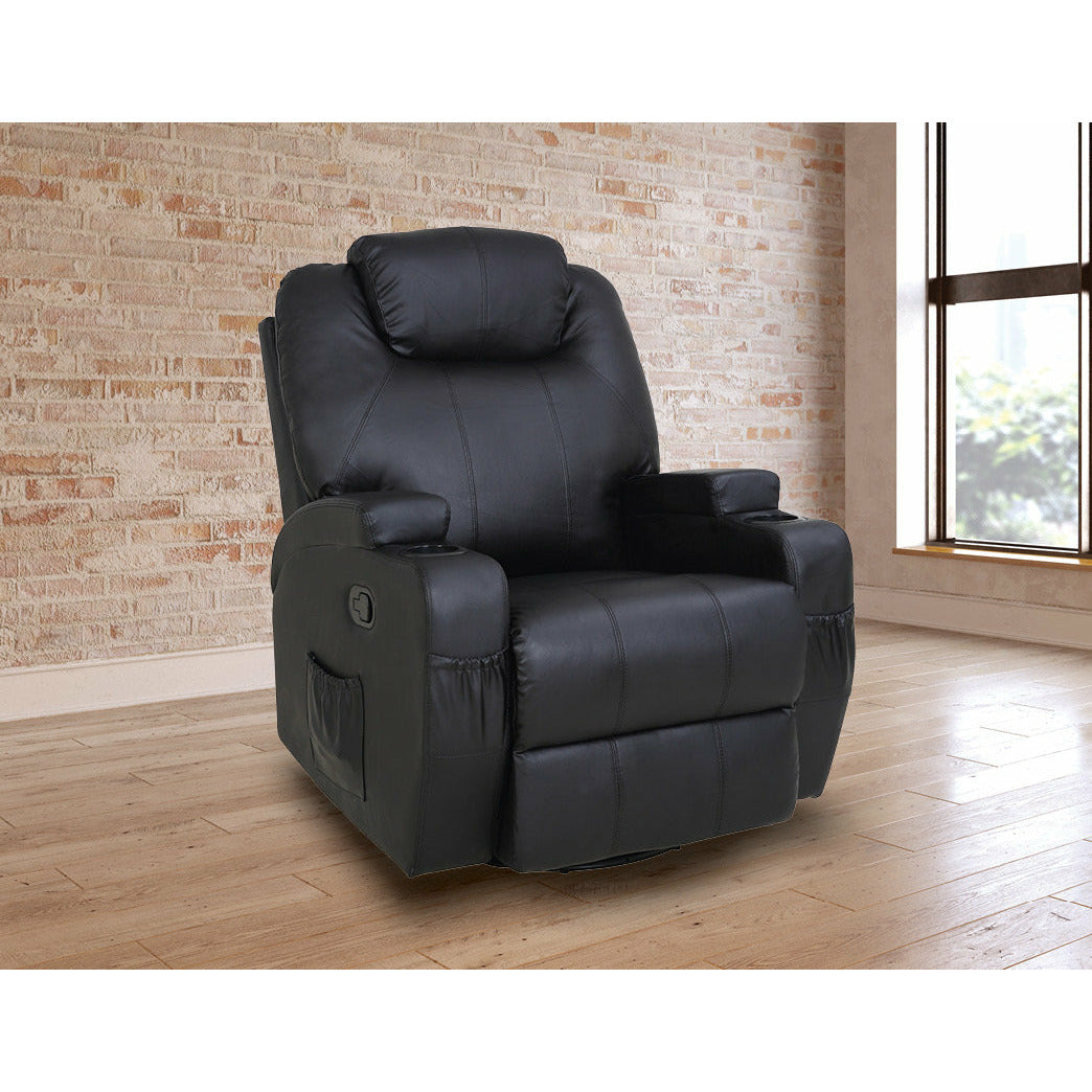 Massage Chair Recliner with 360 Degree Swivel PU Leather Heated - Black