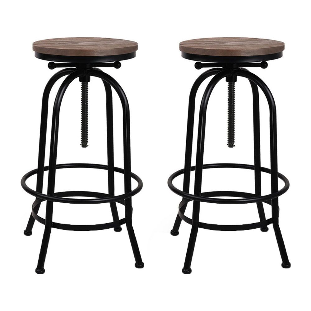 Set of 2 Bar Stool Industrial Round Seat Wood Metal - Black and Brown