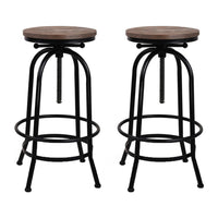 Set of 2 Bar Stool Industrial Round Seat Wood Metal - Black and Brown