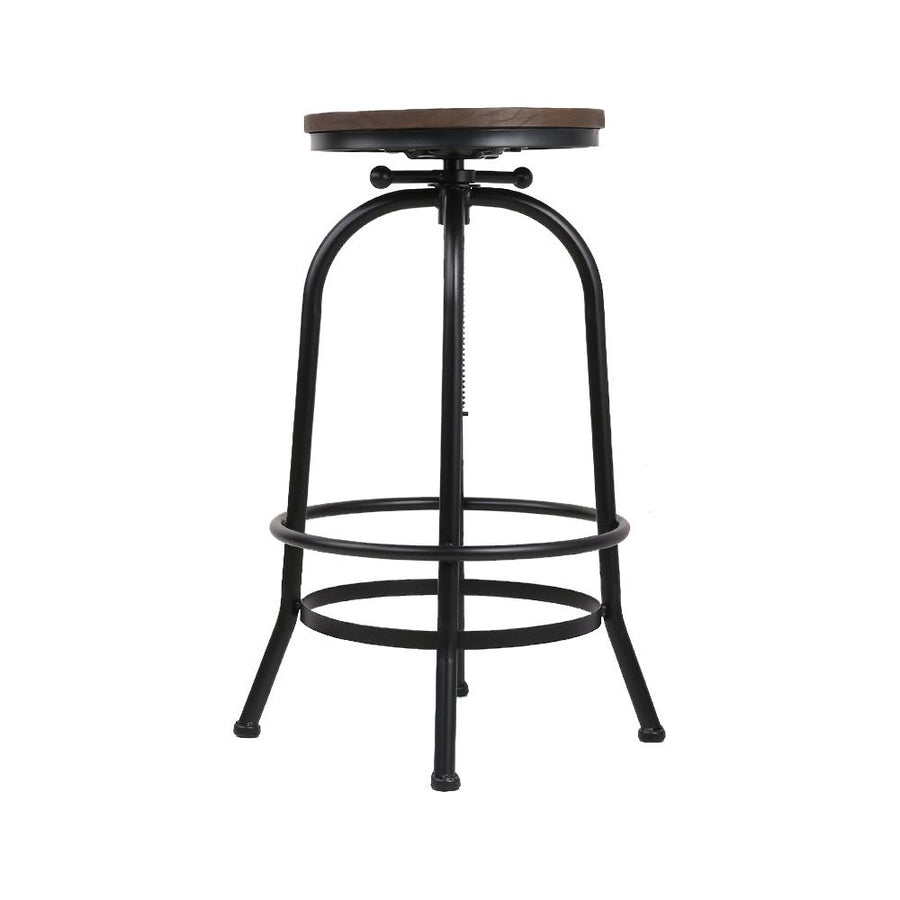 Set of 2 Bar Stool Industrial Round Seat Wood Metal - Black and Brown