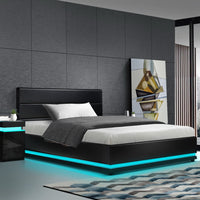 RGB LED Bed Frame King Single Size Gas Lift Base Storage Leather Lumi