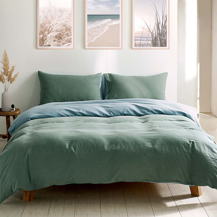 Washed Cotton Quilt Set Green Blue Double