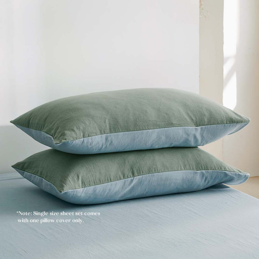 Washed Cotton Sheet Set Green Blue Double