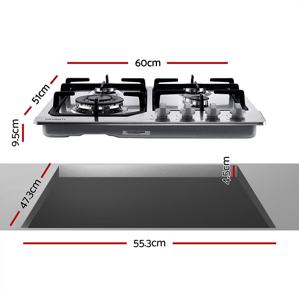 Gas Cooktop 60cm Gas Stove Cooker 4 Burner Cook Top Konbs NG LPG Steel