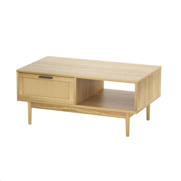 Rattan Coffee Table with Storage Drawers Shelf Modern Wooden Tables