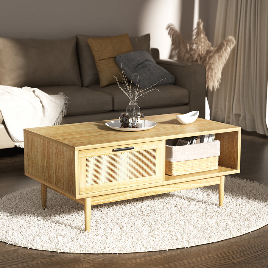 Rattan Coffee Table with Storage Drawers Shelf Modern Wooden Tables