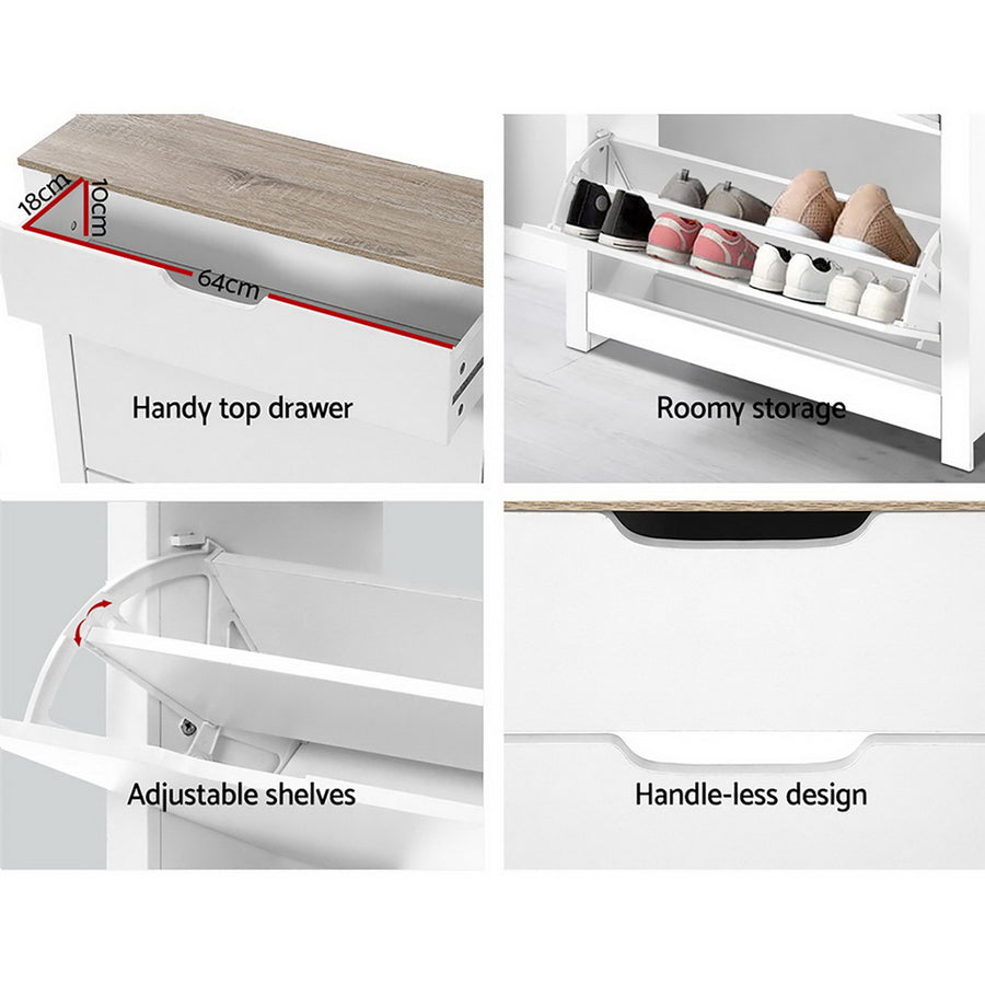 Shoe Cabinet Rack Storage Organiser Cupboard Shelf Drawer 16 Pairs White