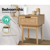 Bedside Tables Table 1 Drawer Storage Cabinet Rattan Wood Nightstand