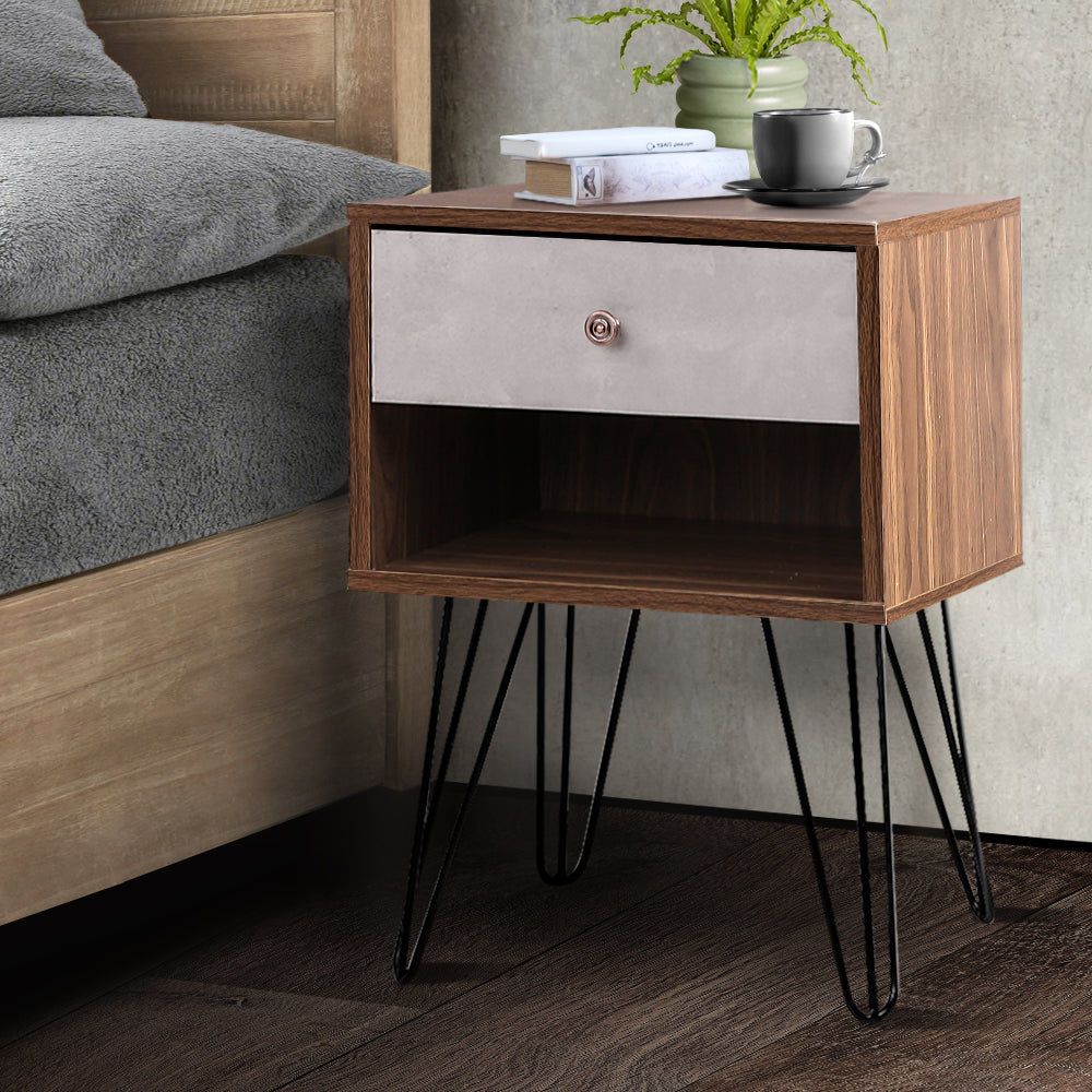 Bedside Table with Drawer - Grey & Walnut