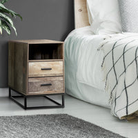 Aged Wood Bedside Table with Drawers And Black Frame