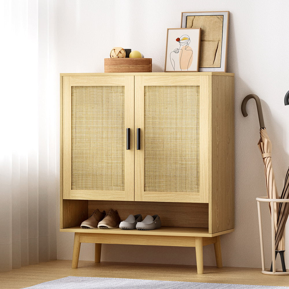 Shoe Cabinet Rattan Shoes Storage Rack Organiser Wooden Cupboard Shelf