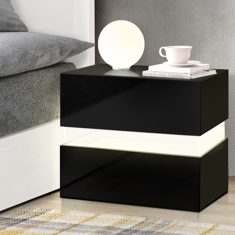 Bedside Table 2 Drawers RGB LED Side Nightstand High Gloss Cabinet Black