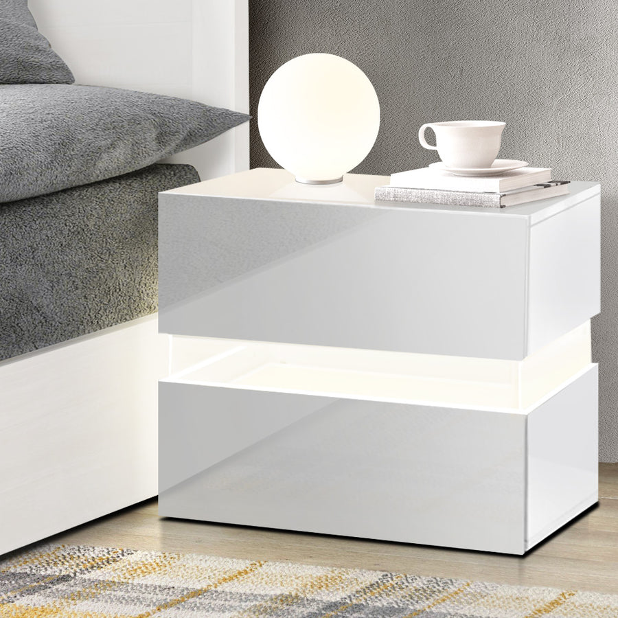 Bedside Table 2 Drawers RGB LED Side Nightstand High Gloss Cabinet White