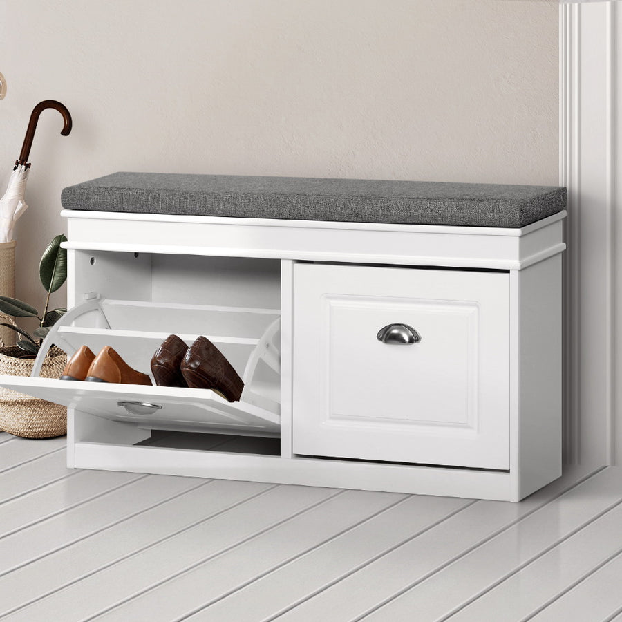 White Shoe Cabinet With Drawers - Wooden Top
