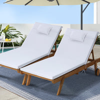 2pc Sun Lounge Wooden Lounger Day Bed - White