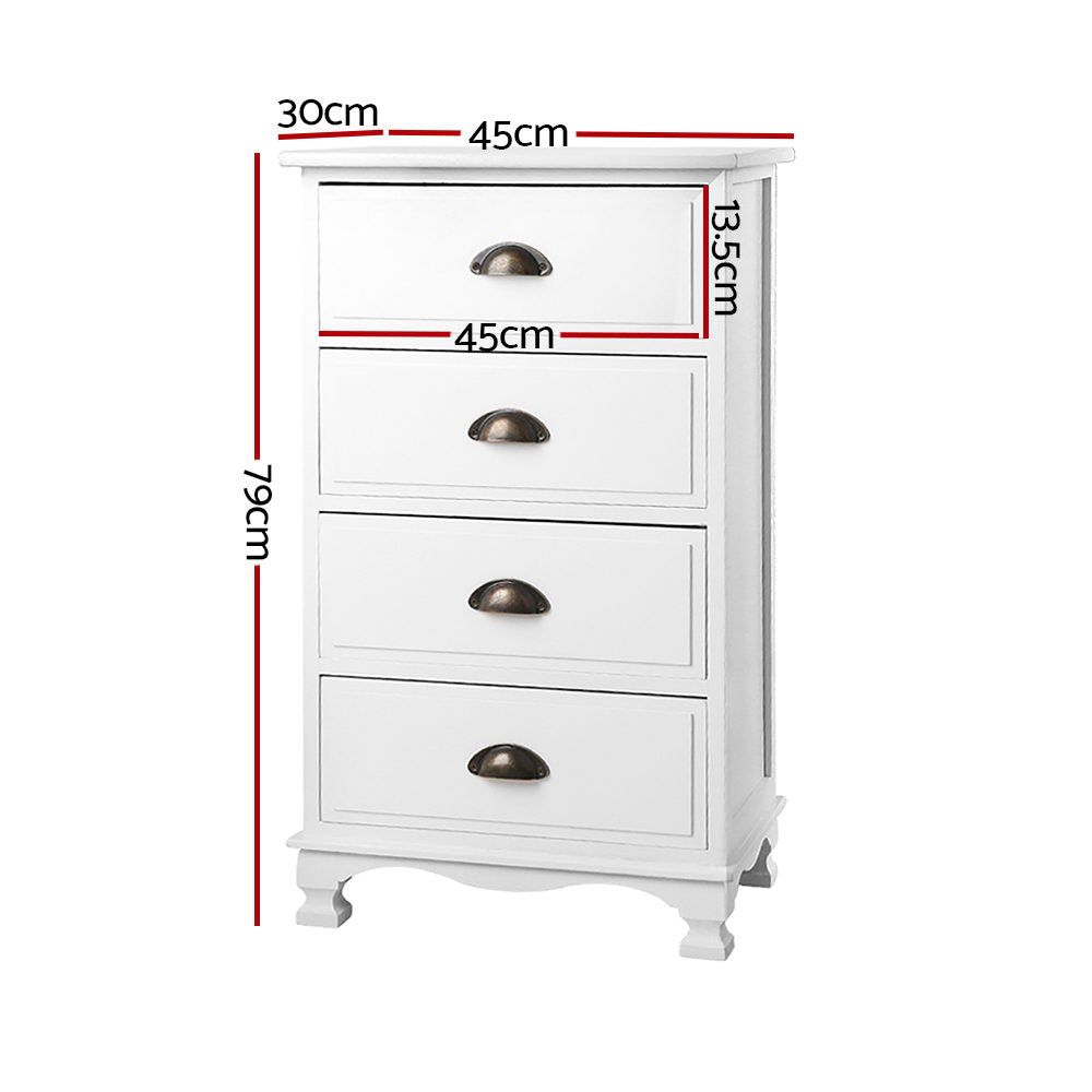 Vintage Bedside Table Chest 4 Drawers Storage Cabinet Nightstand White